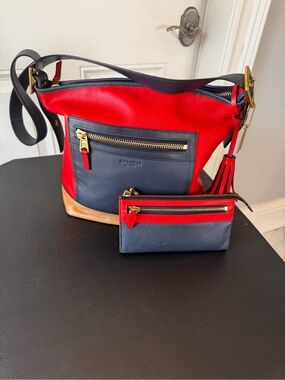 Coach Stylish Red and Tan  and navy Women's Bag and matching wallet